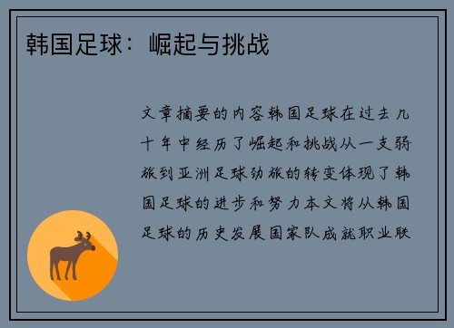 韩国足球：崛起与挑战